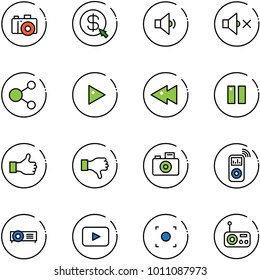 line vector icon set - camera vector, money click, low volume, off, share, play, fast backward, pause, dislike, music player, projector, playback, record button, radio