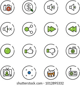 line vector icon set - camera vector, money click, volume medium, low, off, share, fast forward, backward, record, like, dislike, tv news, button, drum, radio