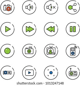 line vector icon set - camera vector, volume medium, off, share, play, fast forward, backward, pause, record, tv news, music player, projector, playback, button, radio