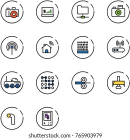 line vector icon set - camera vector, account statistics, network folder, antenna, wireless home, binary code, wi fi router, moon rover, circuit, steel rolling, milling cutter, allen key