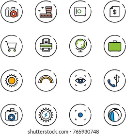 line vector icon set - camera vector, airport building, safe, account statement, cart, printer, globe, case, sun, rainbow, eye scanner, phone, power, record button, basketball