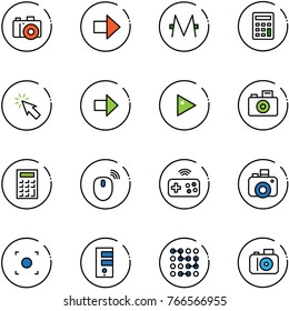 line vector icon set - camera vector, right arrow, monero, calculator, cursor, play, mouse wireless, joystick, record button, server, circuit