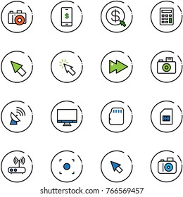 line vector icon set - camera vector, mobile payment, money click, calculator, cursor, fast forward, satellite antenna, monitor, micro flash card, sim, wi fi router, record button