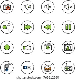 line vector icon set - camera vector, volume medium, low, off, share, fast forward, backward, pause, record, like, tv news, music player, projector, drum, radio