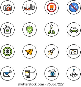line vector icon set - camera vector, fork loader, no dangerous cargo road sign, end minimal speed limit, home, shield check, rocket, car, dollar, paper fly, photo, wireless mail, laser lever