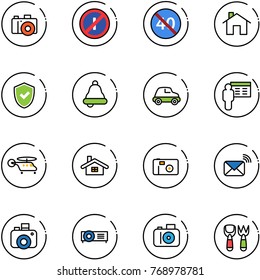 line vector icon set - camera vector, no parkin odd, end minimal speed limit road sign, home, shield check, bell, car, presentation, helicopter, photo, wireless mail, projector, shovel fork toy