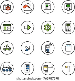 line vector icon set - camera vector, clouds, atm, website, right arrow, gear, calculator, electric car, satellite antenna, music player, micro flash card, moon rover, server, laser lever, allen key