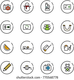 line vector icon set - camera vector, snowman, lab, tap pay, credit card, exchange, group, luck, watermelone, swimming, suitcase, bucket scoop, pencil, jack, bear toy