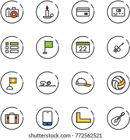 line vector icon set - camera vector, candle, credit card, menu, flag, calendar, key, swimming, cap, volleyball, suitcase, mobile phone, corner ruler, guitar