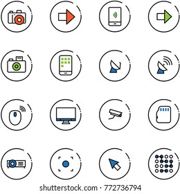 line vector icon set - camera vector, right arrow, mobile payment, satellite antenna, mouse wireless, monitor, surveillance, micro flash card, projector, record button, cursor, circuit