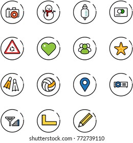 line vector icon set - camera vector, snowman, drop counter, credit card, round motion road sign, heart, group, starfish, flippers, volleyball, navigation pin, projector, fine signal, corner ruler