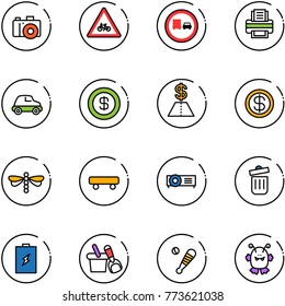 line vector icon set - camera vector, road for moto sign, no truck overtake, printer, car, dollar, dragonfly, skateboard, projector, trash bin, battery, shovel bucket, baseball bat, toy monster