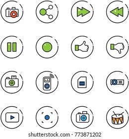 line vector icon set - camera vector, share, fast forward, backward, pause, record, like, dislike, music player, sim, projector, playback, button, drum