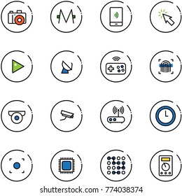 line vector icon set - camera vector, monero, mobile payment, cursor, play, satellite antenna, joystick wireless, fingerprint scanner, surveillance, wi fi router, clock, record button, cpu, circuit