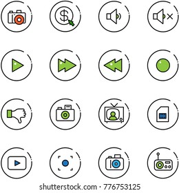 line vector icon set - camera vector, money click, low volume, off, play, fast forward, backward, record, dislike, tv news, sim, playback, button, radio
