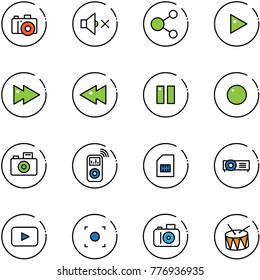 line vector icon set - camera vector, volume off, share, play, fast forward, backward, pause, record, music player, sim, projector, playback, button, drum