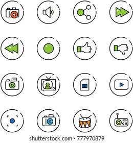 line vector icon set - camera vector, low volume, share, fast forward, backward, record, like, dislike, tv news, sim, playback, button, drum, radio