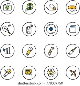 line vector icon set - camera vector, search money, mat, diving, badminton, remote control, cd, micro flash card, oil derrick, wrench, plumber, screwdriver, Angular grinder, jig saw, gear, bow