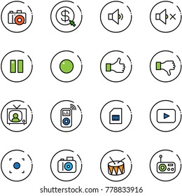 line vector icon set - camera vector, money click, low volume, off, pause, record, like, dislike, tv news, music player, sim, playback, button, drum, radio