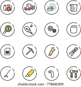 line vector icon set - camera vector, fork loader, mri, atm, search money, badminton, gear, micro flash card, sim, axe, wrench, bolt cutter, hoe, work knife, allen key, shovel toy