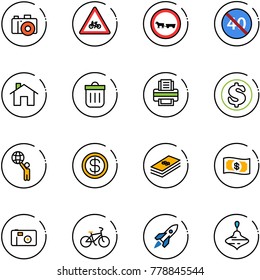 line vector icon set - camera vector, road for moto sign, no cart horse, end minimal speed limit, home, trash bin, printer, dollar, world, money, photo, bike, rocket, wirligig toy