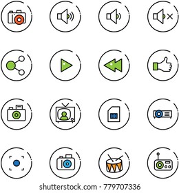 Line Vector Icon Set - Camera Vector, Volume Medium, Low, Off, Share, Play, Fast Backward, Like, Tv News, Sim, Projector, Record Button, Drum, Radio