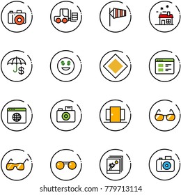 line vector icon set - camera vector, fork loader, side wind, house, insurance, dollar smile, main road sign, website, browser globe, doors, sunglasses, photo