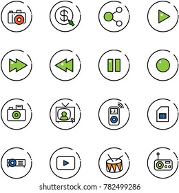line vector icon set - camera vector, money click, share, play, fast forward, backward, pause, record, tv news, music player, sim, projector, playback, drum, radio