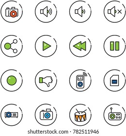 line vector icon set - camera vector, volume medium, low, off, share, play, fast backward, pause, record, dislike, music player, sim, projector, drum, radio