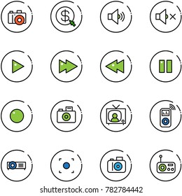 line vector icon set - camera vector, money click, volume medium, off, play, fast forward, backward, pause, record, tv news, music player, projector, button, radio