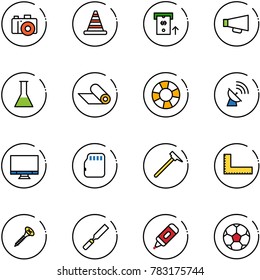 line vector icon set - camera vector, road cone, atm, loudspeaker, flask, mat, lifebuoy, satellite antenna, monitor, micro flash card, mason hammer, corner ruler, screw, rasp, marker, soccer ball