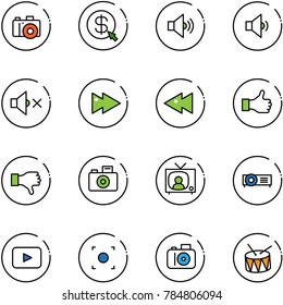 line vector icon set - camera vector, money click, volume medium, low, off, fast forward, backward, like, dislike, tv news, projector, playback, record button, drum