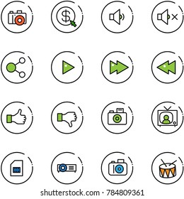 line vector icon set - camera vector, money click, low volume, off, share, play, fast forward, backward, like, dislike, tv news, sim, projector, drum