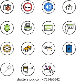 line vector icon set - camera vector, no cart horse road sign, minimal speed limit, home, shield check, printer, schedule, presentation, dollar, helicopter, battery, farm fork, laser lever