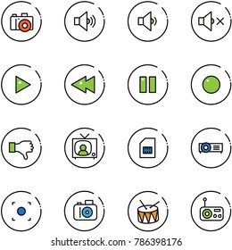 Line Vector Icon Set - Camera Vector, Volume Medium, Low, Off, Play, Fast Backward, Pause, Record, Dislike, Tv News, Sim, Projector, Button, Drum, Radio