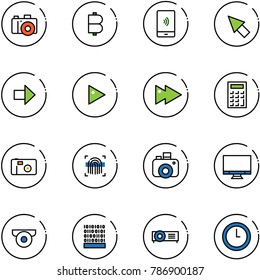 line vector icon set - camera vector, bitcoin, mobile payment, cursor, right arrow, play, fast forward, calculator, photo, fingerprint scanner, monitor, surveillance, binary code, projector, clock