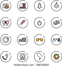 line vector icon set - camera vector, airport building, christmas tree, bow, firework rocket, sweet pepper, dollar, reload, brick wall, sunglasses, information exchange, phone, hdd, fretsaw, nut