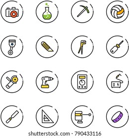 line vector icon set - camera vector, round flask, job, volleyball, piston, work knife, plumber, screwdriver, Angular grinder, drill, multimeter, welding, rasp, corner ruler, laser lever, tambourine