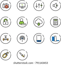 line vector icon set - camera vector, monitor cursor, settings, low volume, unlocked, user password, download cloud, calculator, gyroscope, antenna, mobile phone, water power plant, side cutters
