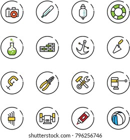 line vector icon set - camera vector, thermometer, drop counter, lifebuoy, round flask, brick wall, anchor, trowel, clamp, pliers, wrench hammer, laser lever, allen key set, sharpening, marker