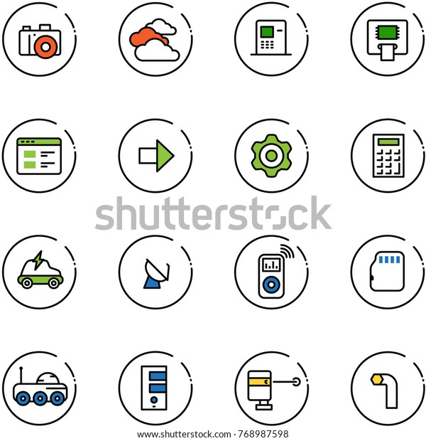 line vector icon set - camera vector, clouds, atm,\
website, right arrow, gear, calculator, electric car, satellite\
antenna, music player, micro flash card, moon rover, server, laser\
lever, allen key