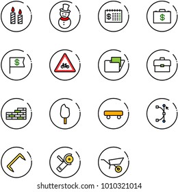 line vector icon set - candle vector, snowman, finance calendar, money case, dollar flag, road for moto sign, folder, portfolio, brick wall, ice cream, skateboard, bezier, staple, Angular grinder