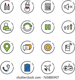 line vector icon set - candle vector, snowman, calculator, volume off, user password, refresh, pause, arrows up, map pin, dialog, sun, server wireless, phone, battery, plane, gamepad