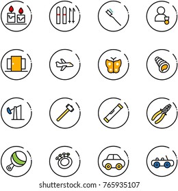 line vector icon set - candle vector, ski, tooth brush, winner, doors, plane, butterfly, shell, oil derrick, sledgehammer, level, pliers, beanbag, car, toy