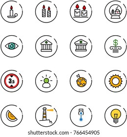 line vector icon set - candle vector, snowball house, eye, bank, limited height road sign, idea, moon flag, sun, watermelone, lighthouse, laser, bulb