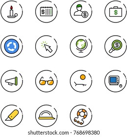 line vector icon set - candle vector, finance calendar, account, money case, circle road sign, cursor, globe, search, speaker horn, sunglasses, lounger, monoblock pc, work knife, construction helmet