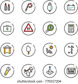 line vector icon set - candle vector, lollipop, drop counter, schedule, money case, oncoming traffic road sign, search, calculator, pennant, ice cream, beach, bezier, wrench, dinosaur toy, wirligig
