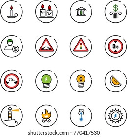 line vector icon set - candle vector, bank, account, drawbridge road sign, traffic light, limited height, distance, idea, business, watermelone, lighthouse, fire, laser, sun power
