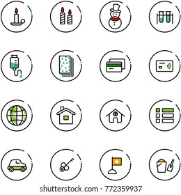 line vector icon set - candle vector, snowman, vial, drop counter, breads, credit card, tap pay, globe, home, menu, car, key, flag, bucket scoop