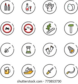 line vector icon set - candle vector, wine, angel, eggs, no moto road sign, limited distance, career, work, key, chess tower, feet, shell, beer, cruiser, clinch, sickle